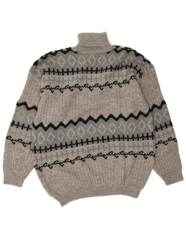 Maglione vintage da uomo con collo alto e lana di alpaca Fair Isle grigia
