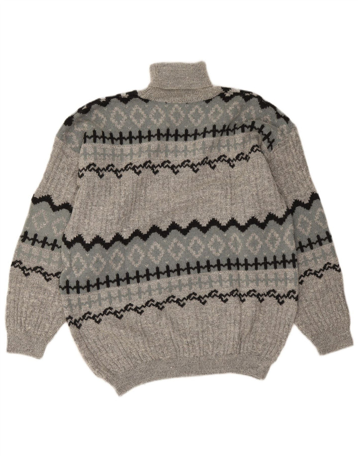 Maglione vintage da uomo con collo alto e lana di alpaca Fair Isle grigia