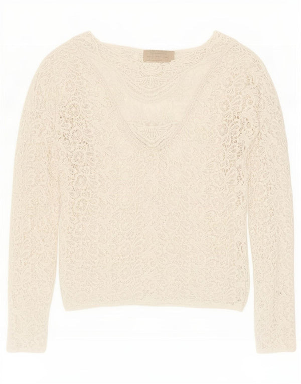 Camicetta trasparente a maniche lunghe da donna vintage UK 12 floreale bianco medio