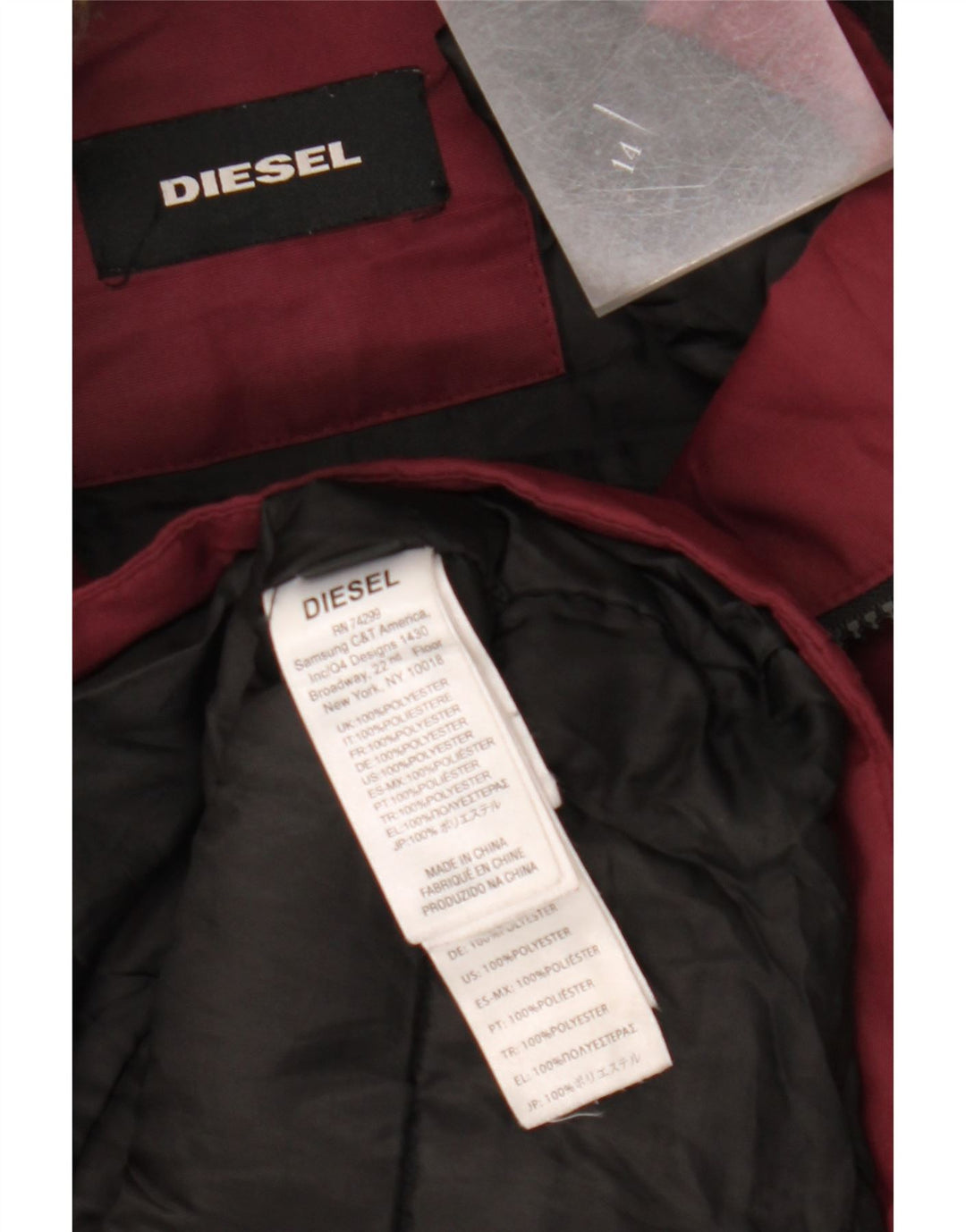 DIESEL Womens Hooded Padded Coat UK 14 Medium Burgundy Polyester