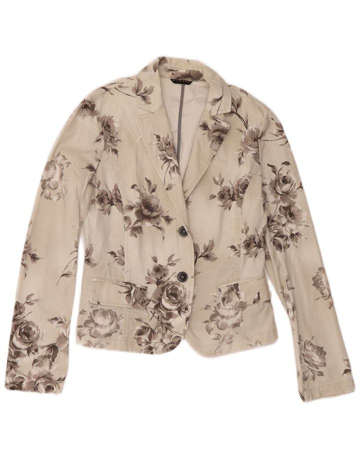 Giacca blazer in denim a 2 bottoni da donna Sisley UK 10 piccolo floreale bianco sporco