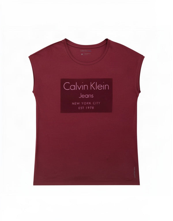 Maglietta grafica da donna Calvin Klein Jeans Top UK 14 cotone bordeaux medio