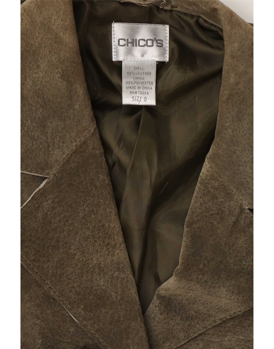 Giacca blazer oversize in pelle scamosciata a 3 bottoni da donna di Chico's US 0 XS in pelle kaki