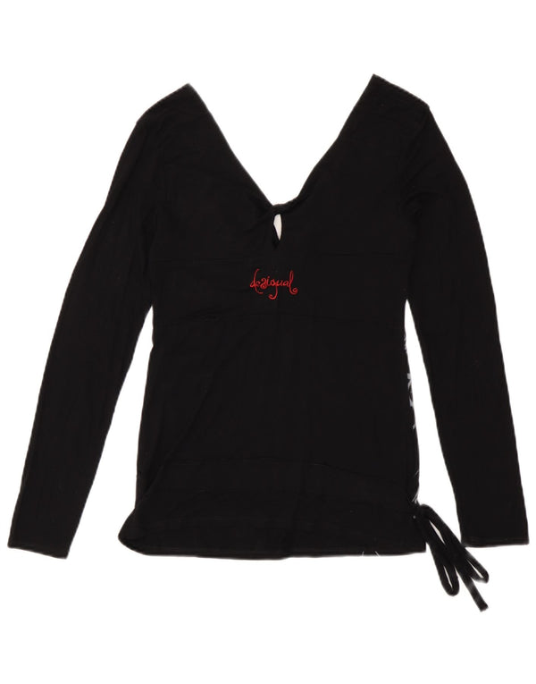 Desigual Donna Graphic Manica Lunga Camicetta Top UK 10 Small Nero Viscosa