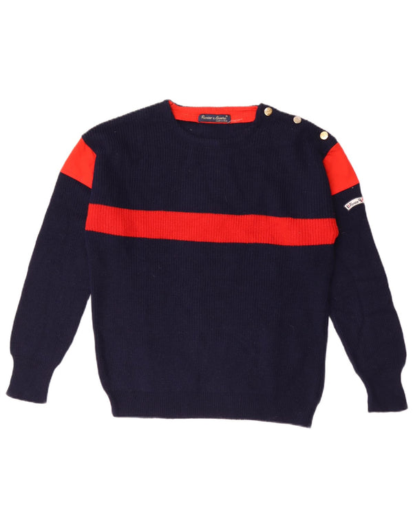 Maglione maglione girocollo da donna vintage UK 14 blocco colore blu navy medio