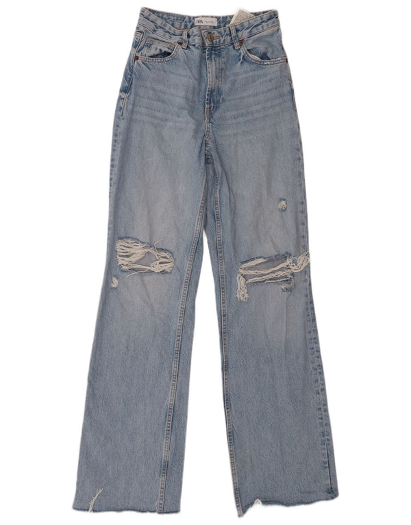 Zara Womens High Waist Distressed Loose Jeans EU 36 XS W26 L34 Blue Cotton
