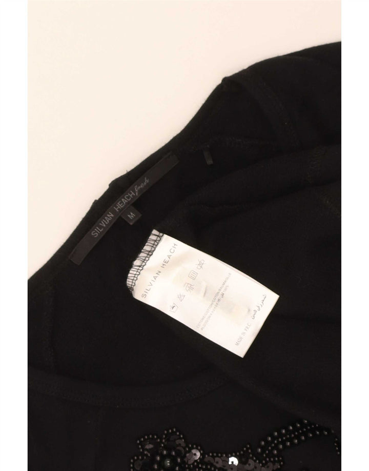 Silvian Heach Top grafico da donna manica lunga UK 12 cotone nero medio