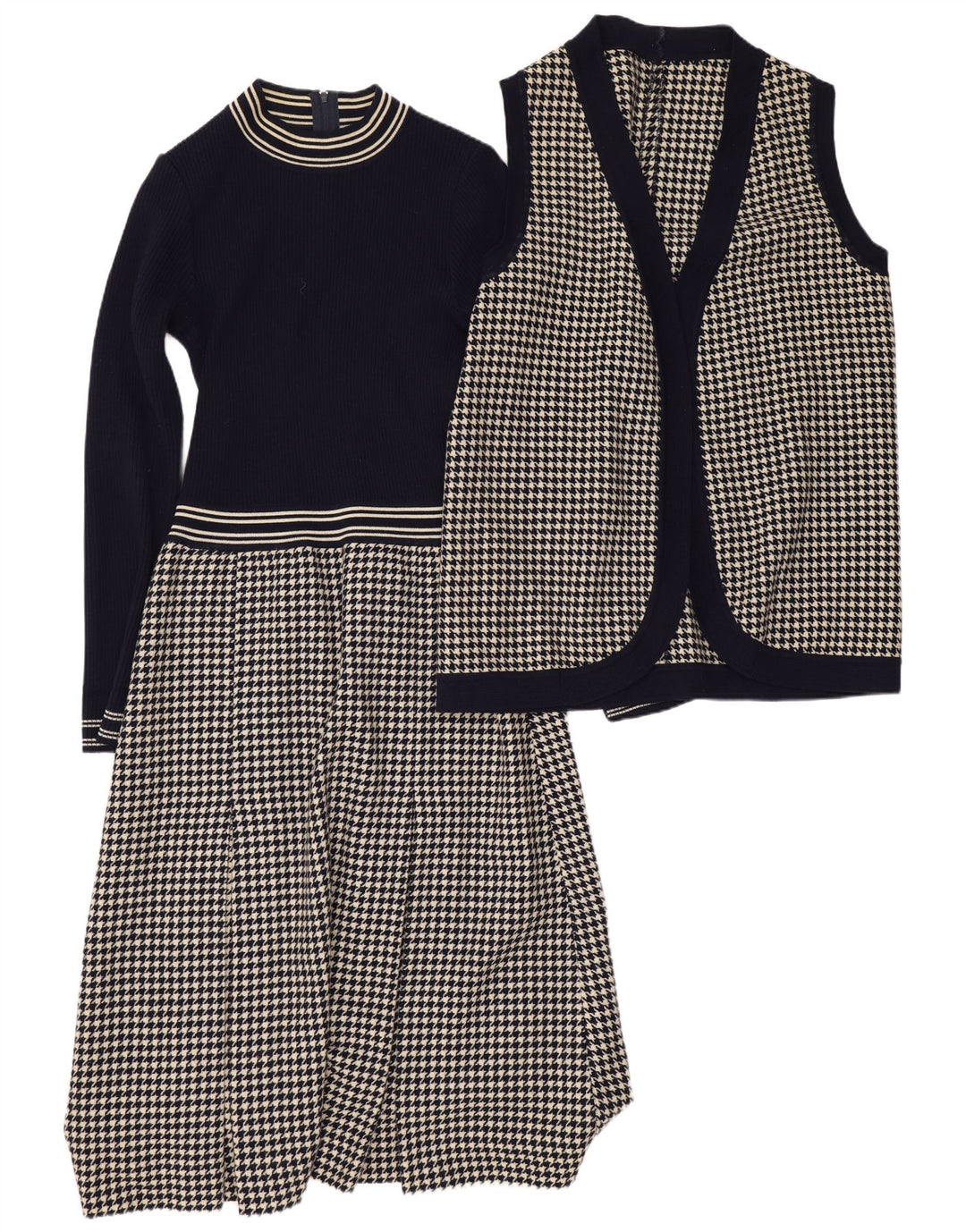 Set da 2 pezzi vintage da donna UK 12 medio pied de poule blu navy