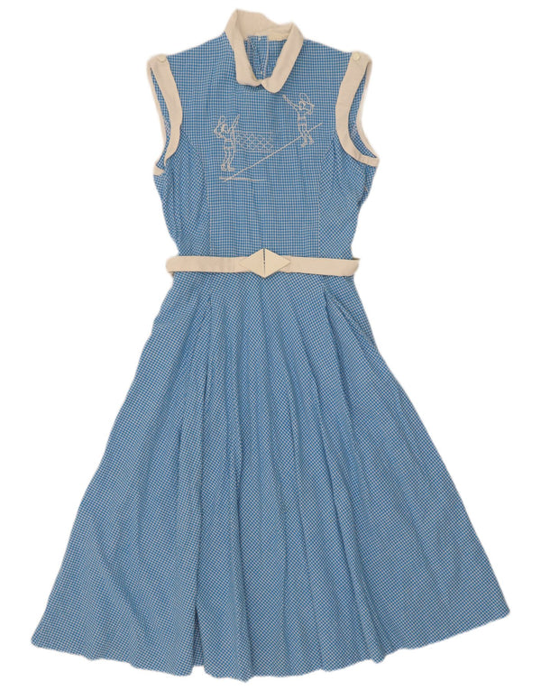Abito lungo senza maniche da donna vintage UK 10 piccolo percalle blu