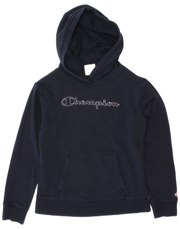CHAMPION Girls Graphic Hoodie Jumper 9-10 Years Medium  Navy Blue Cotton
