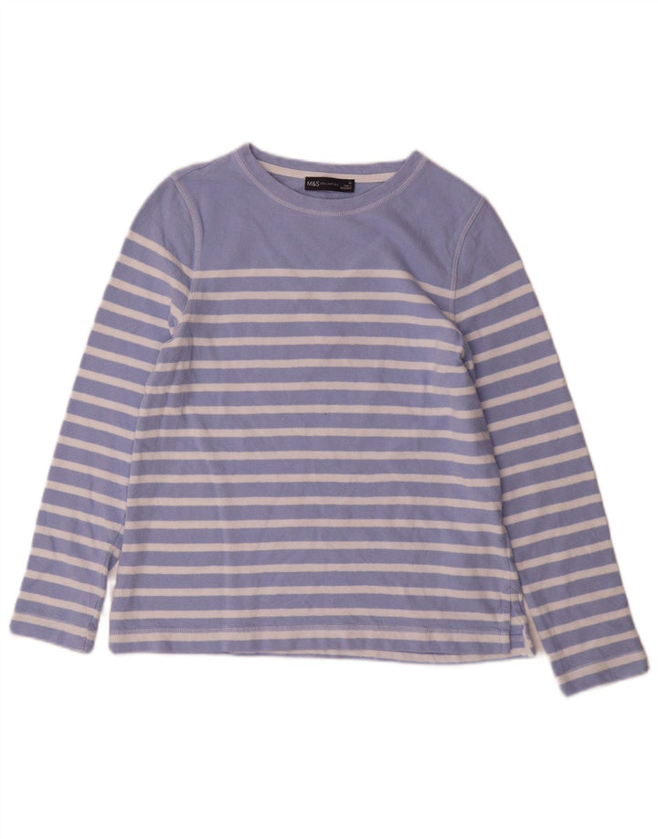 Marks & Spencer Womens Top Long Sleeve UK 10 Small Blue Striped Cotton