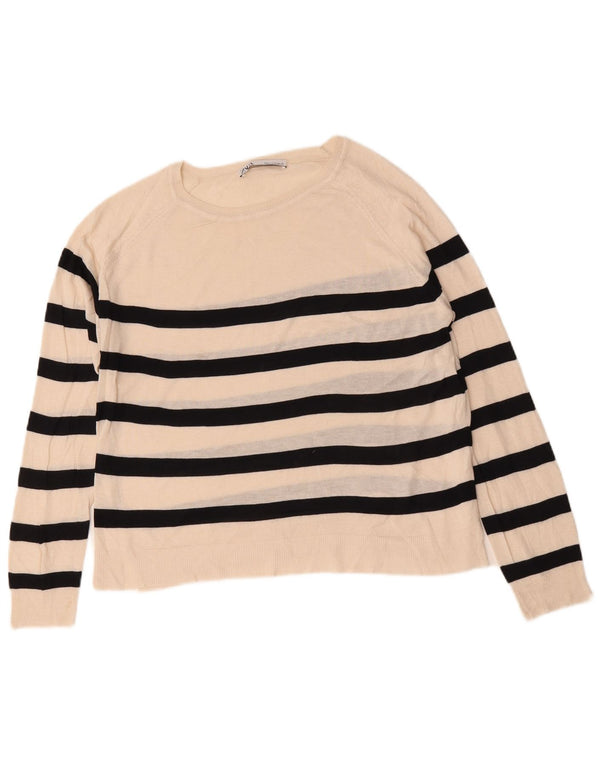 Maglione Zara da donna con scollo a barca UK 14 medio a righe bianco sporco
