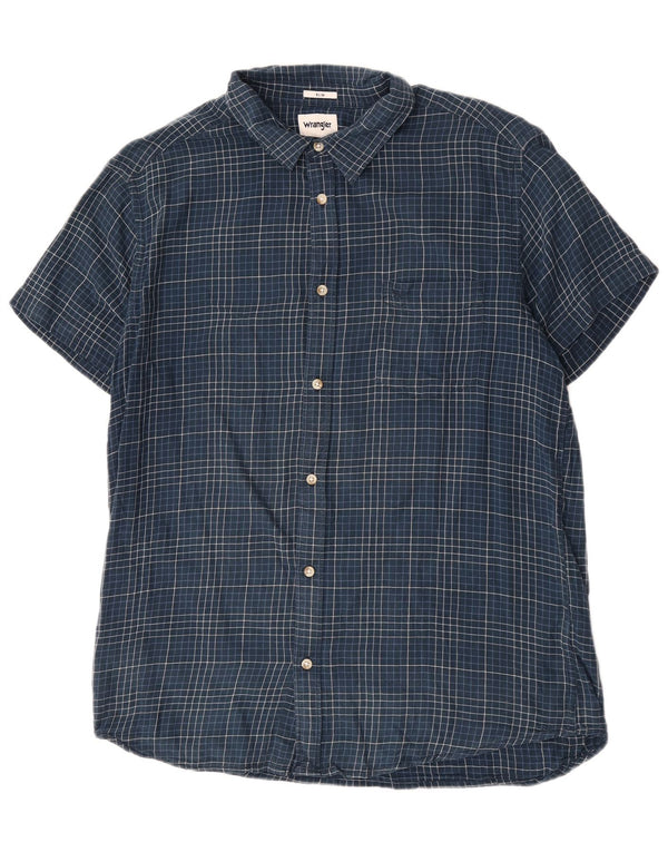Wrangler Mens Short Sleeve Slim Shirt 2XL Navy Blue Check Cotton