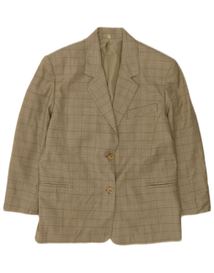 Giacca blazer vintage da donna a 2 bottoni IT 44 media lana vergine a quadri kaki