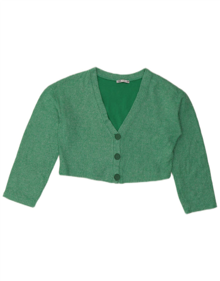 ZARA Maglione Cardigan Corto Oversize da Donna UK 10 Piccolo Cotone Verde