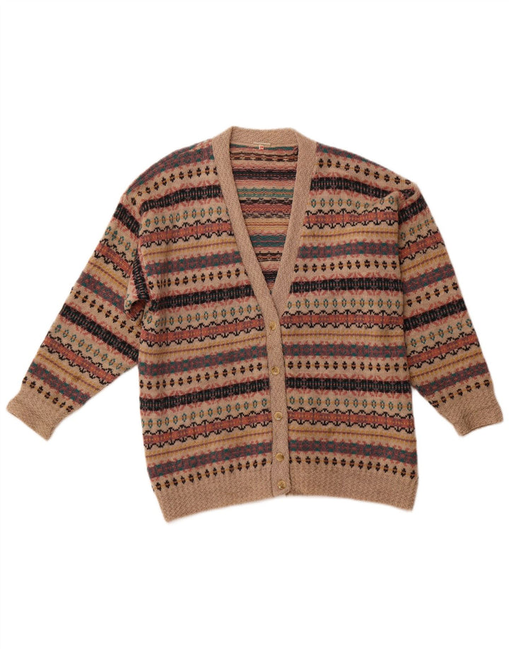 Maglione cardigan da donna VINTAGE UK 14 Lana Fair Isle marrone grande
