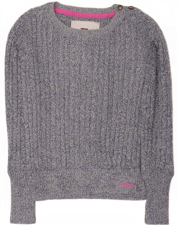 Maglione maglione da donna con scollo a barca Superdry UK 14 grande cotone chiazzato blu