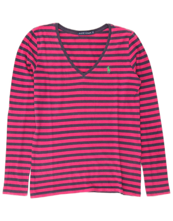 Ralph Lauren Womens Top Long Sleeve UK 10 Small Pink Striped Cotton