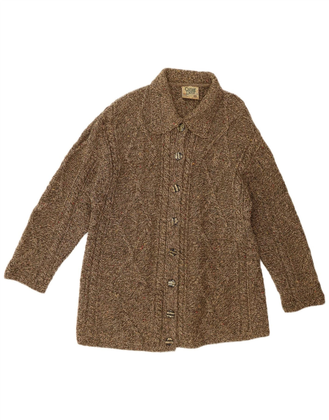 CARRAIG DONN Maglione cardigan da donna UK 14 Lana screziata color kaki medio