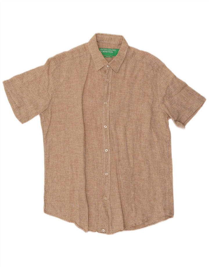 Camicia a maniche corte da uomo Benetton grande in lino beige