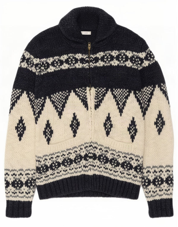 Celio Mens Cardigan Sweater Medium Navy Blue Fair Isle Acrylic