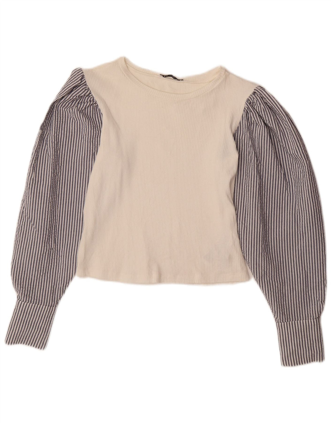 ZARA Camicetta a Maniche Lunghe da Donna Crop Top UK 12 Medio Bianco Gessato