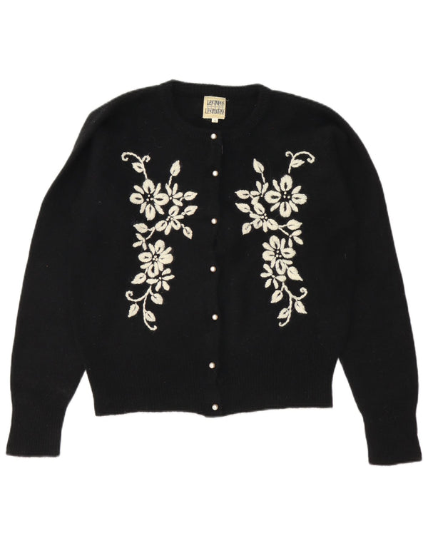 Maglione cardigan oversize da donna vintage UK 10 piccolo floreale nero