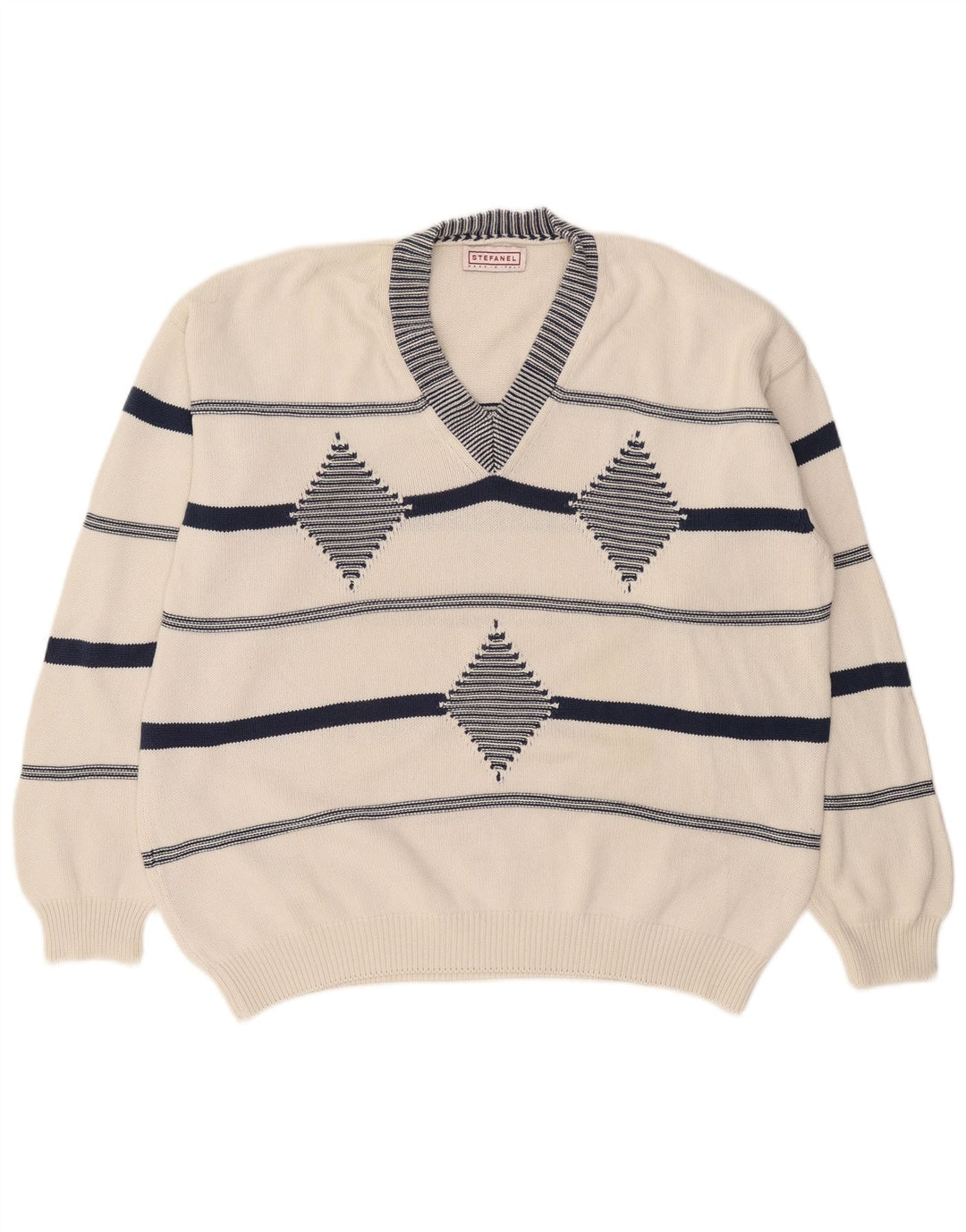 Maglione da uomo con scollo a V Stefanel XL bianco a rombi/diamante
