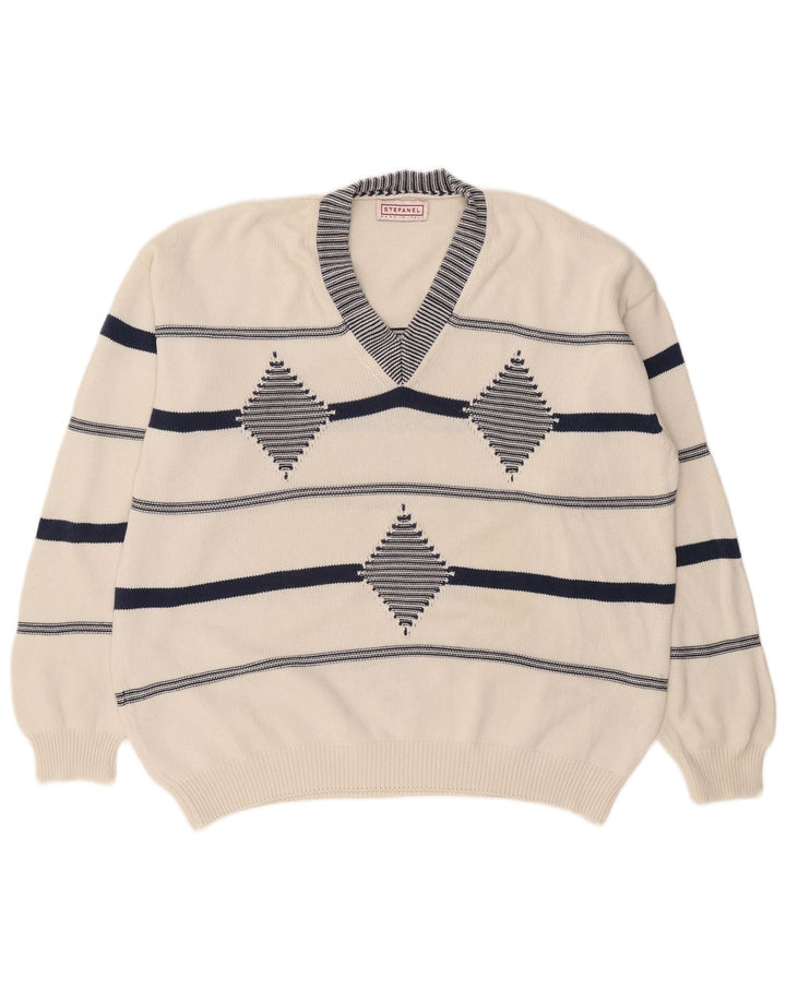 Maglione da uomo con scollo a V Stefanel XL bianco a rombi/diamante