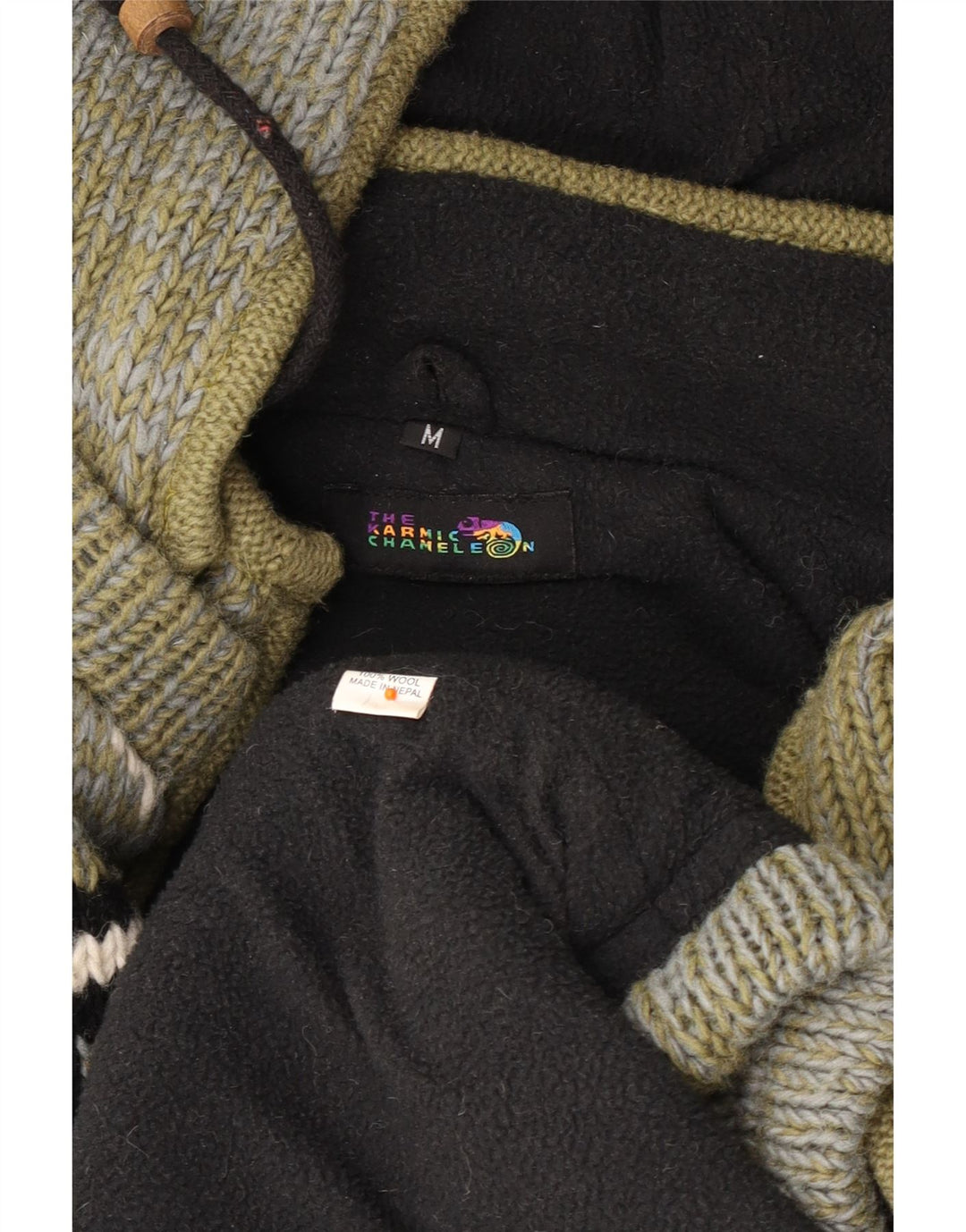 Maglione cardigan con cappuccio da uomo VINTAGE lana Fair Isle color kaki medio