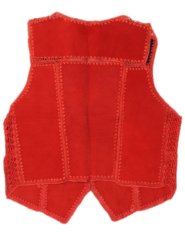 Gilet vintage da donna in pelle scamosciata corta UK 14 rosso medio geometrico