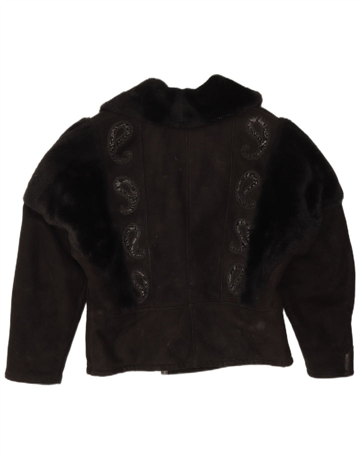 Giacca vintage in shearling da donna UK 18 XL Nero Paisley