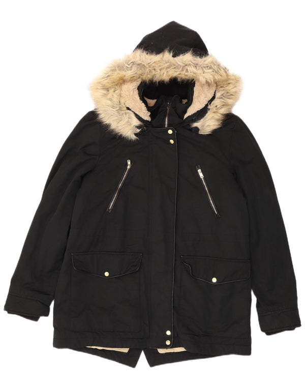 Giacca ZARA Trafaluc Sherpa Parka da donna con cappuccio UK 14 media nera