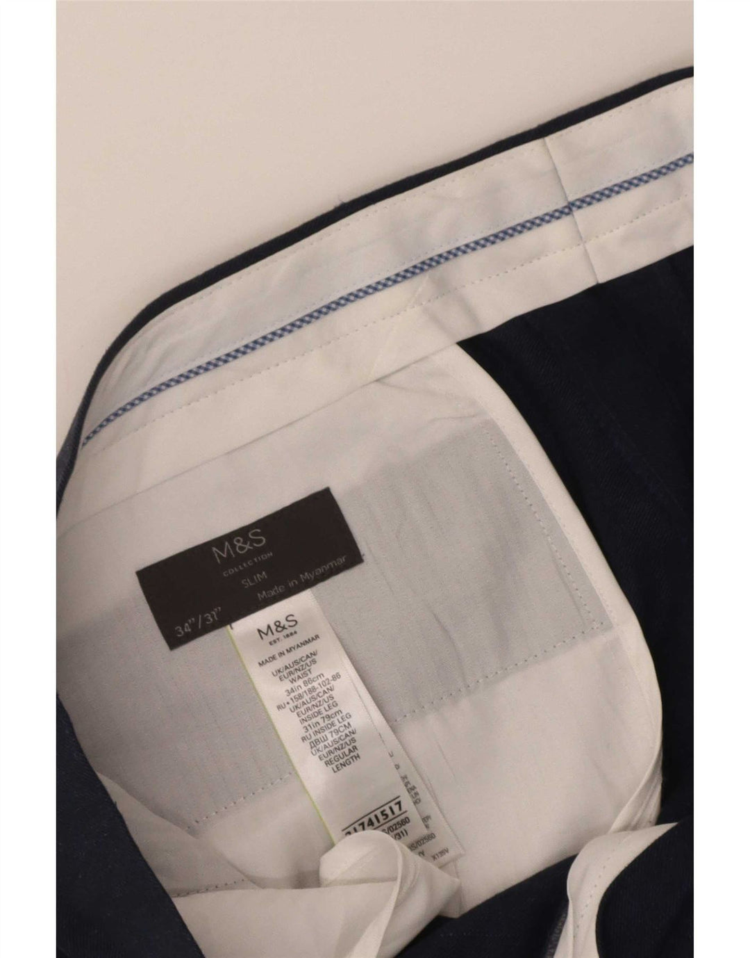 Pantaloni da abito slim da uomo Marks & Spencer W34 L31 cotone blu navy