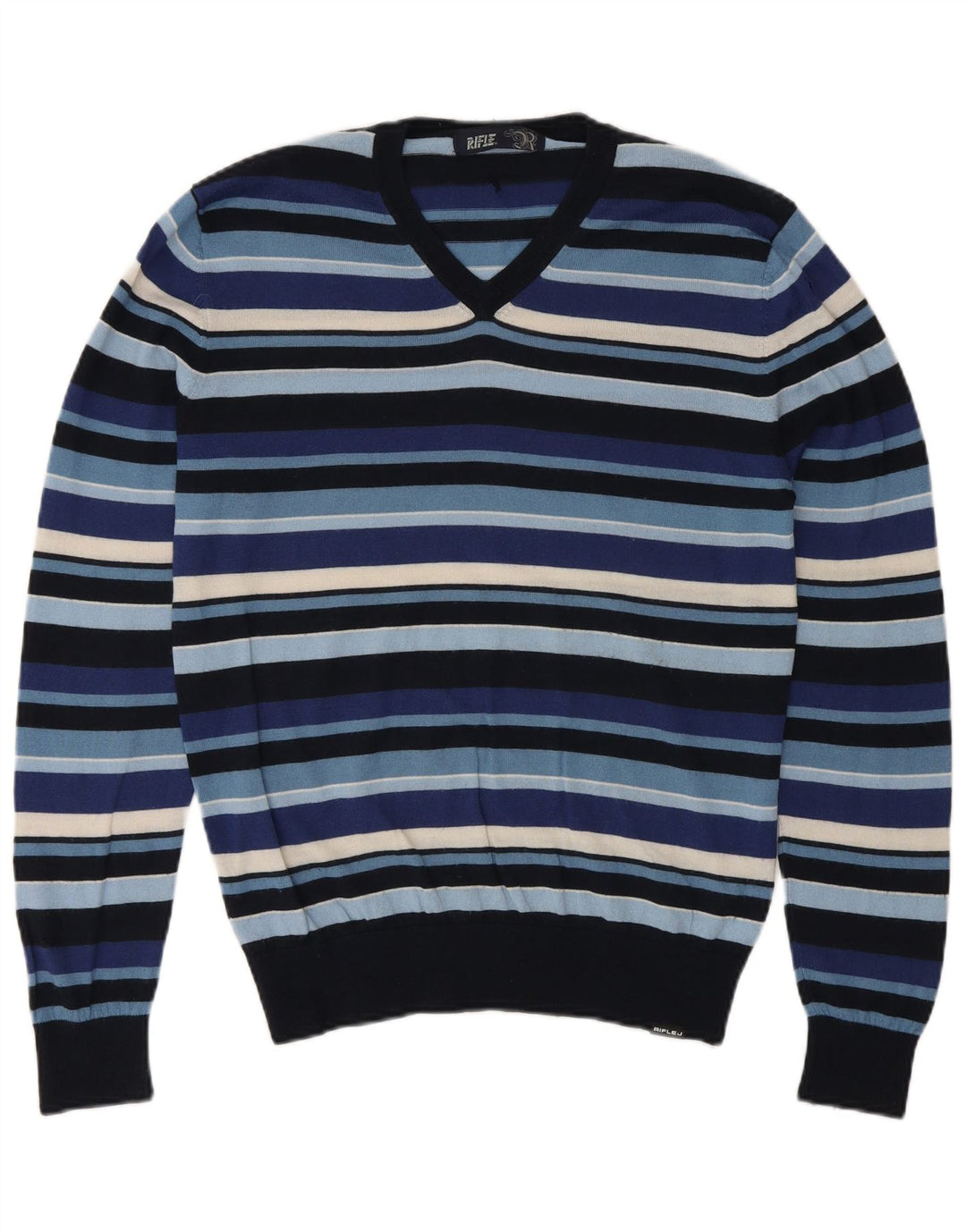 Maglione da uomo con scollo a V Rifle in lana media a righe blu navy