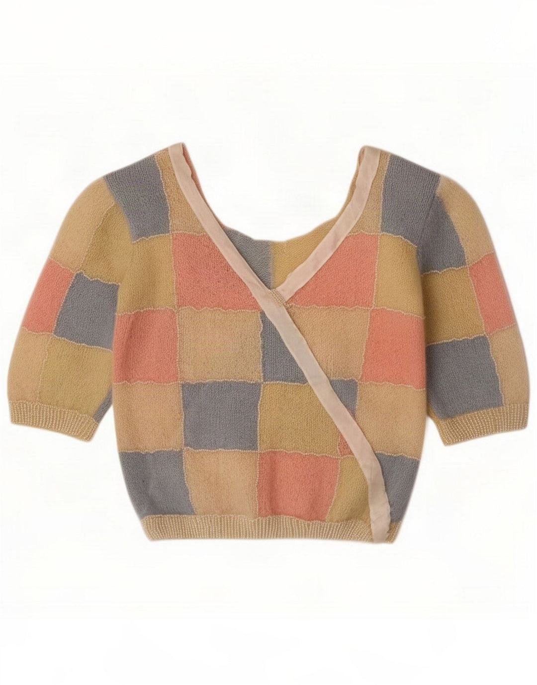 Maglione vintage da donna con scollo a V UK 10 piccolo patchwork multicolore