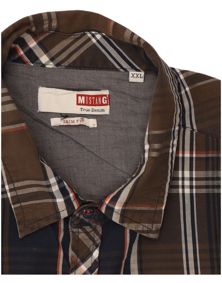 Camicia slim fit da uomo Mustang 2XL in cotone a quadri marrone