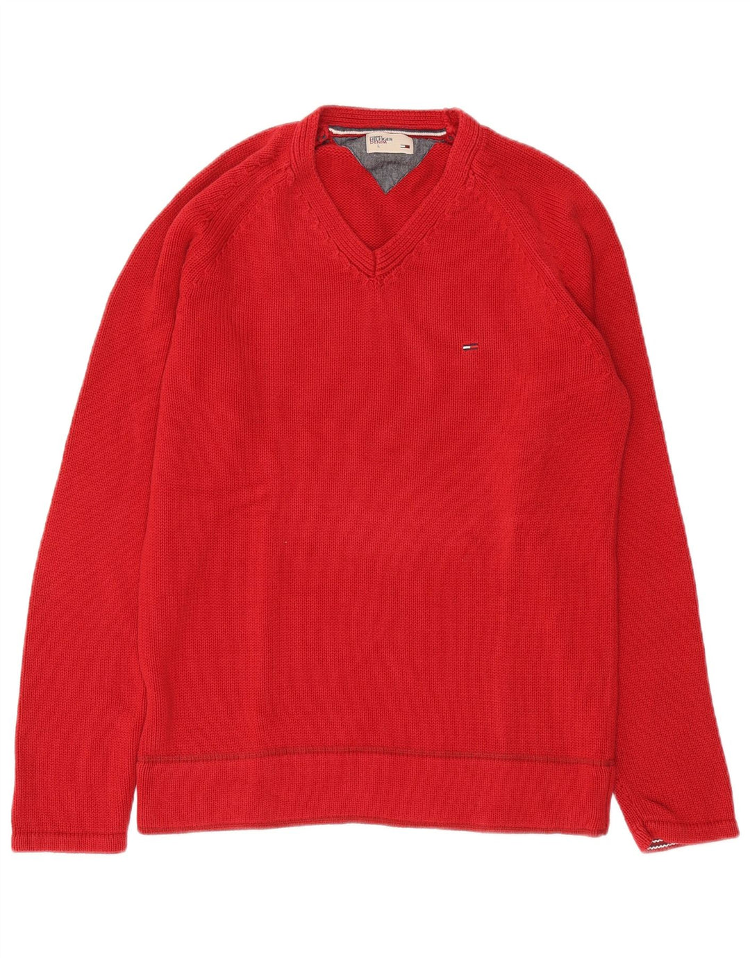 TOMMY HILFIGER Mens V-Neck Jumper Sweater Large Red Cotton