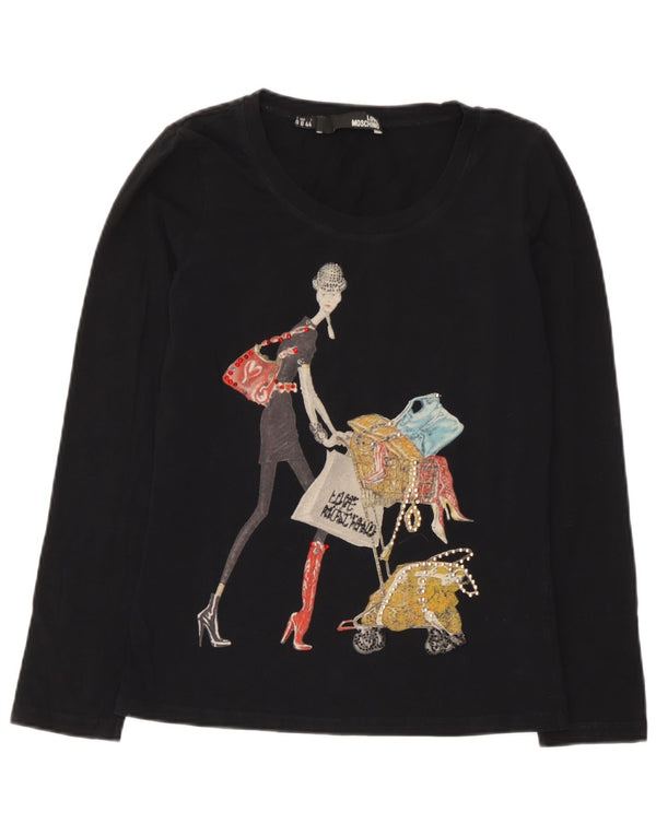 Top grafico da donna Moschino manica lunga UK 12 medio nero