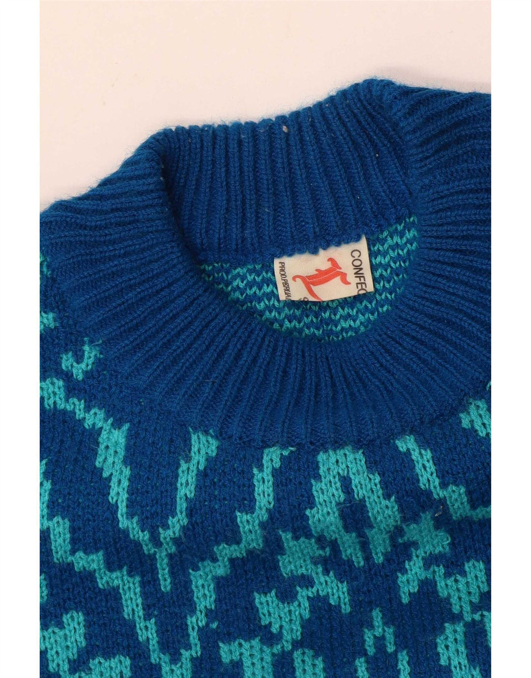 Maglione maglione girocollo da uomo vintage blu medio con motivi cachemire