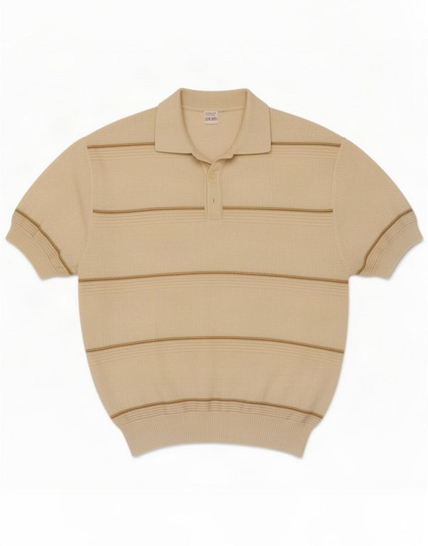 Vintage Mens Polo Shirt Medium Beige Striped Polyacrylic