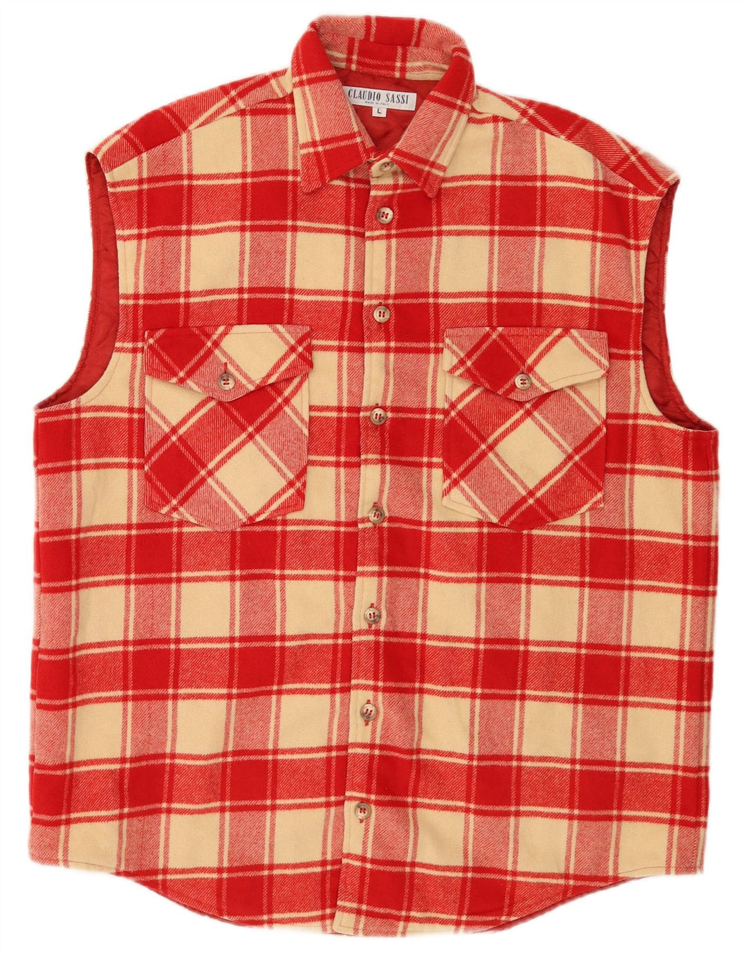 Camicia da uomo vintage senza maniche in flanella da boscaiolo, lana a quadri rossi grandi