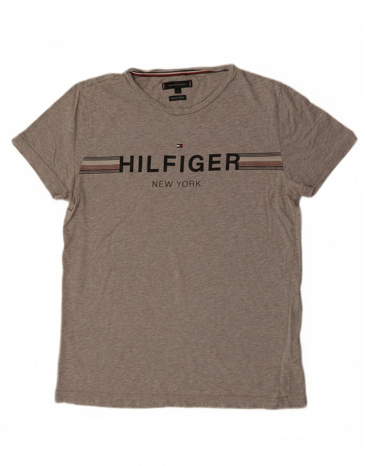 TOMMY HILFIGER Mens Graphic T-Shirt Top Medium Grey Striped Cotton