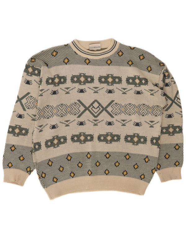 Maglione vintage da uomo girocollo, grande, color block, bianco sporco, retrò