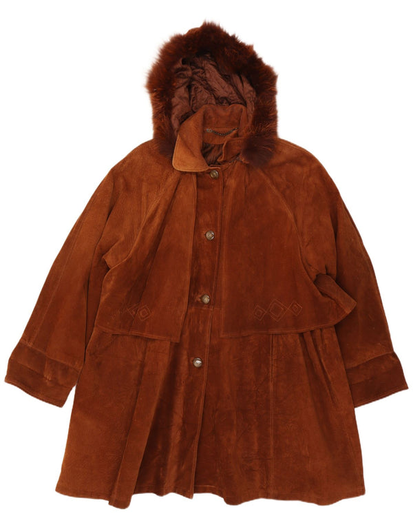 Soprabito vintage da donna oversize in pelle scamosciata con cappuccio IT 44 in pelle marrone medio
