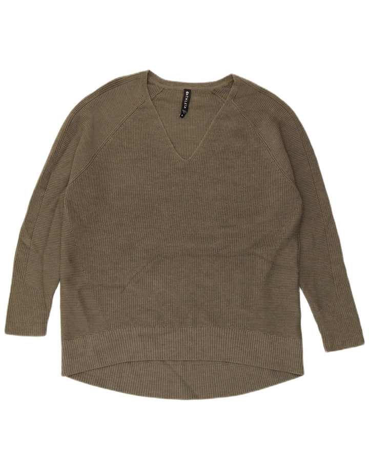 ATHLETA Maglione da donna con scollo a V UK 14 Poliestere kaki medio