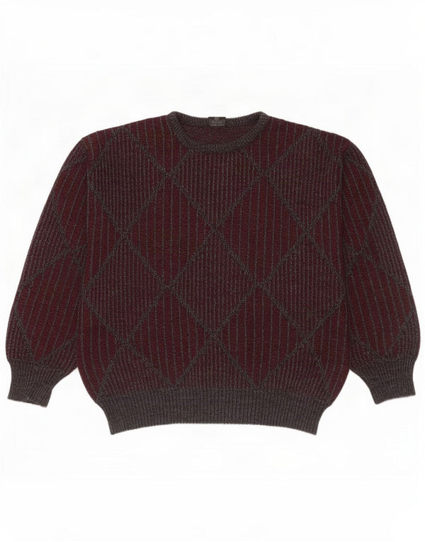 C&A Mens Crew Neck Jumper Sweater IT 52/54 Large Burgundy Argyle/Diamond