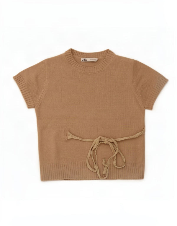 Maglione corto girocollo a maniche corte da donna Zara UK 10 piccolo Beige