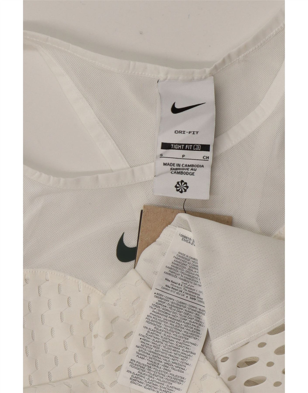 Nike - Canotta corta da donna, vestibilità attillata, trasparente, taglia UK 8, piccola, in poliestere bianco