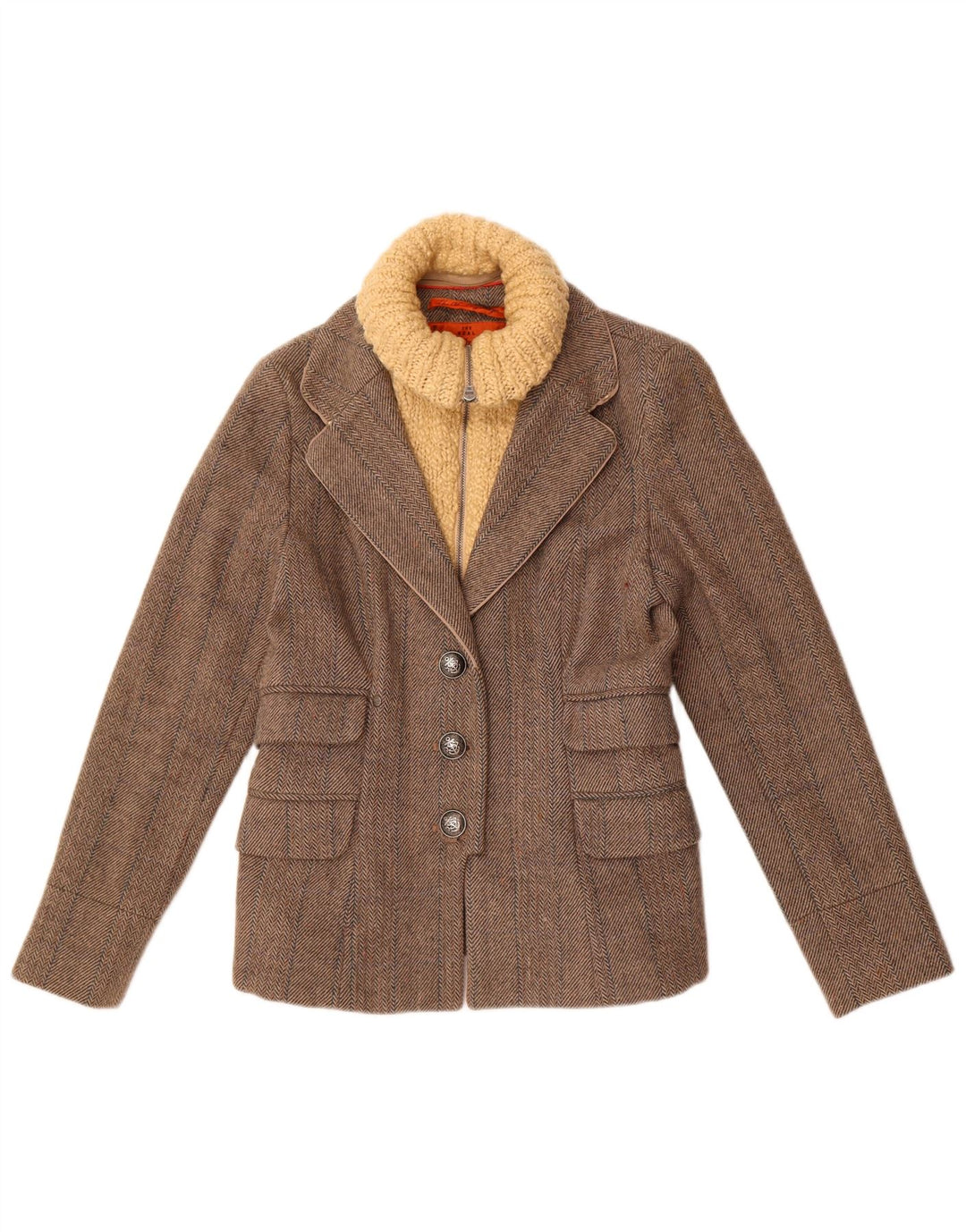 Giacca blazer da donna a 3 bottoni Superdry UK 14 grande lana a spina di pesce grigia